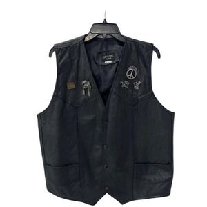 🔥Leather Motorcycle 🚨Vest Mens‎ 48 Black Biker Button Up Sturgis Pin Patch